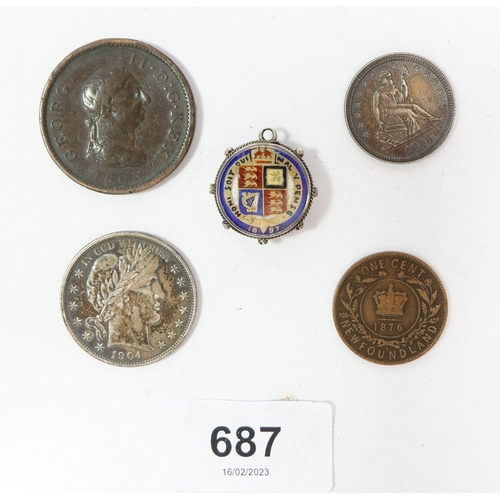 687 - Miscellaneous lot of coinage including: Encased gilt sixpence 1887 with enamel, George III 1807 penn... 