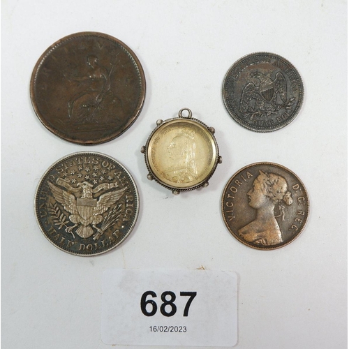 687 - Miscellaneous lot of coinage including: Encased gilt sixpence 1887 with enamel, George III 1807 penn... 