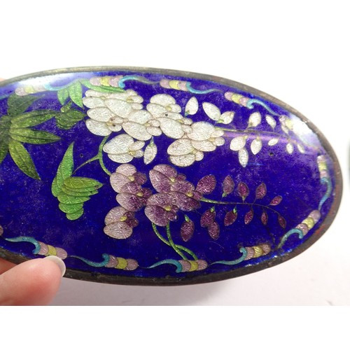 683 - Seven oval Japanese Qibao Shou enamel plaque decorated flowers and birds, larger panels 14 x 8.5cm