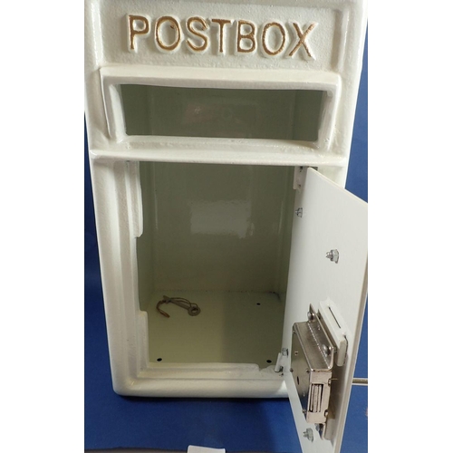 1016 - A reproduction postbox in cream with gold lettering, two keys, 44cm tall