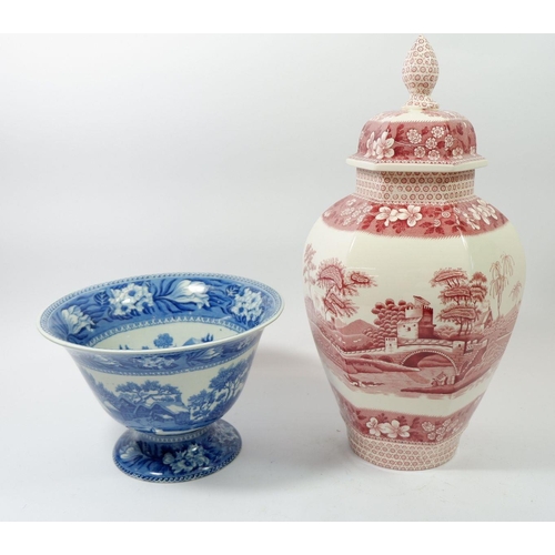 102 - A Spode 'Pink Tower' vase and cover, 40cm and Wedgwood Fallow Deer blue and white vase