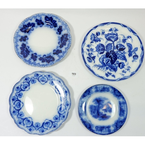 103 - A Wedgwood 'Water Nymph' plate and three flow blue plates