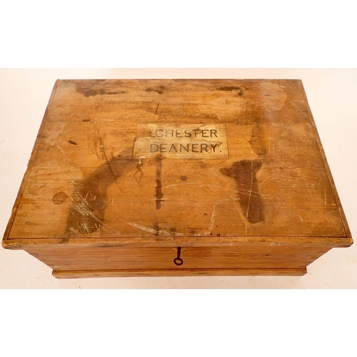 1032 - An antique pine box from Chichester Cathedral with key, 59cm wide