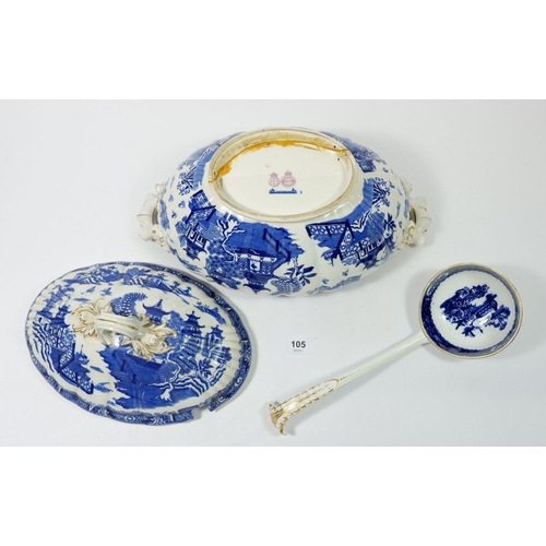 105 - A large Royal Worcester oval blue and white tureen with lid and ladle - damage to base, 33cm