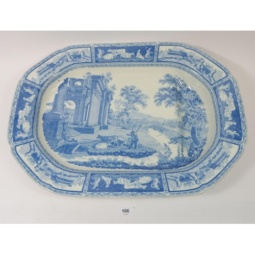 106 - A Victorian large pearl ware meat plate decorated pastoral scene and ruins, with gravy well by R Ada... 