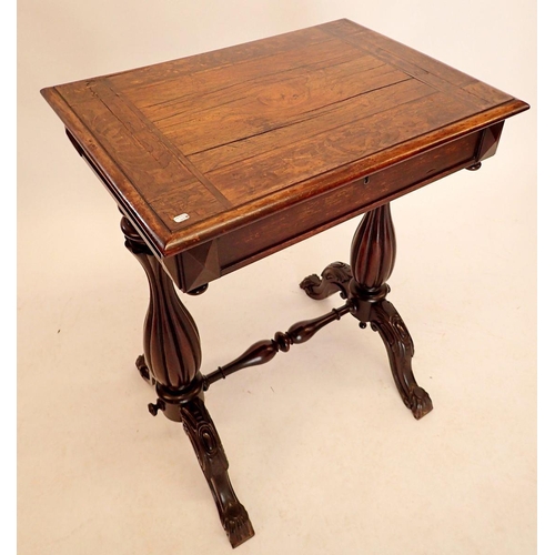 1063 - A Victorian rosewood sewing table with floral marquetry decoration, all on reeded bulbous supports j... 