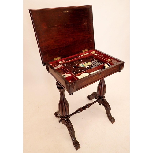 1063 - A Victorian rosewood sewing table with floral marquetry decoration, all on reeded bulbous supports j... 