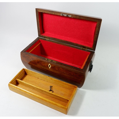 1086 - A 19th century rosewood tea caddy with ring handles and replacement fitted interior, 31cm wide