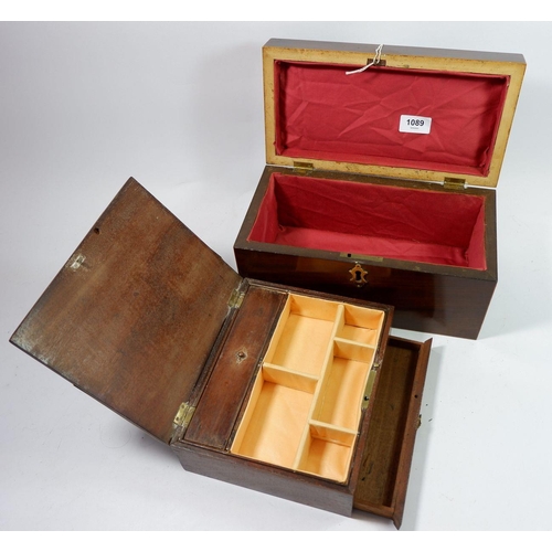 1089 - A 19th century mahogany tea caddy with no interior and a mahogany jewellery box with boxwood stringi... 