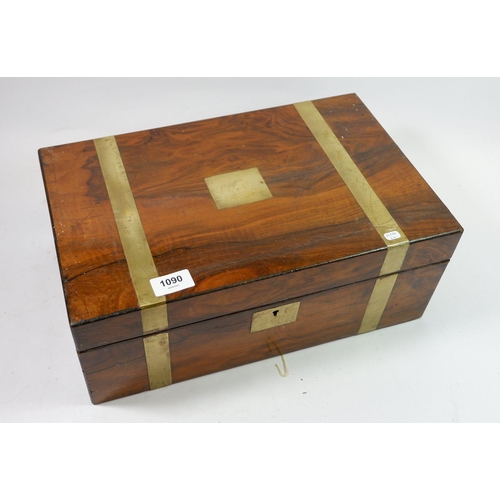 1090 - A 19th century walnut brass bound writing slope with fitted interior, 40cm diameter