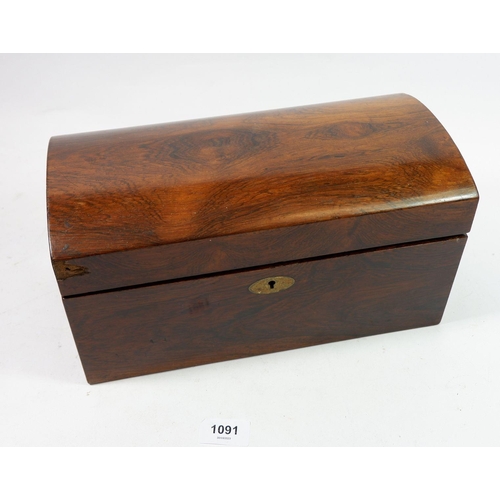 1091 - A 19th century rosewood tea caddy with two fitted boxes and glass bowl, hinge a/f, 30cm