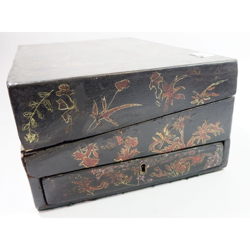 1093 - A 19th century chinoiserie writing slope with painted decoration and fitted interior, 42cm wide