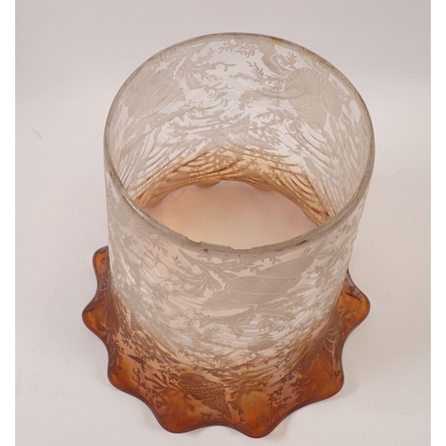 1105 - A large Victorian amber tinted glass oil lamp shade with etched shells and seaweed, 23cm tall