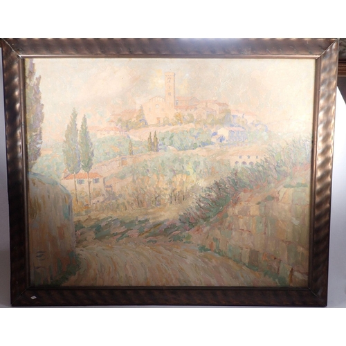 1157 - An impressionist style large continental oil on canvas village scene, signed indistinctly to reverse... 