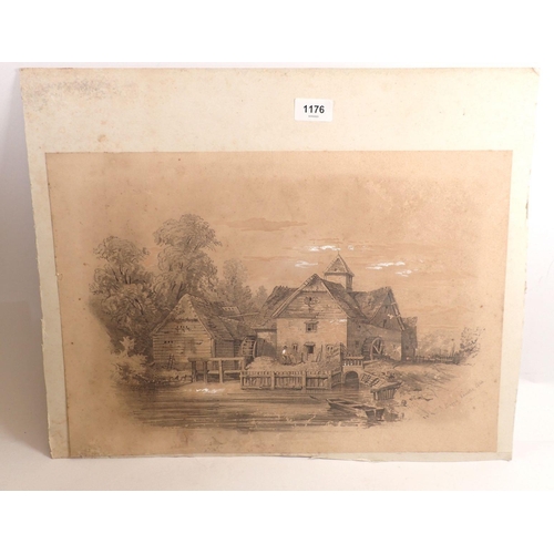 1176 - Maggie Christie - pencil sketch of a watermill signed and dated 1866, 47 x 33cm, with small oil on b... 