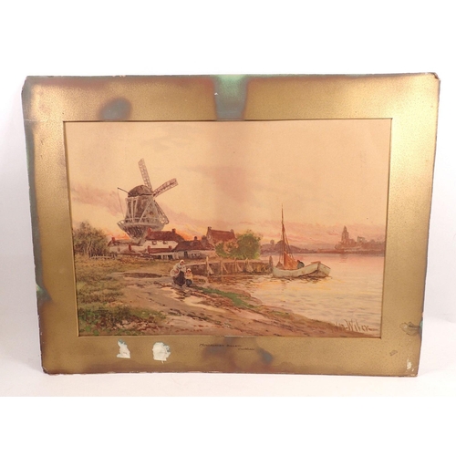 1177 - P Van Weber - watercolour Dutch windmill and river scene, 42 x 30cm