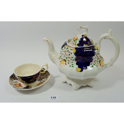 119 - A Victorian Gaudy Welsh teapot and similar cup and saucer