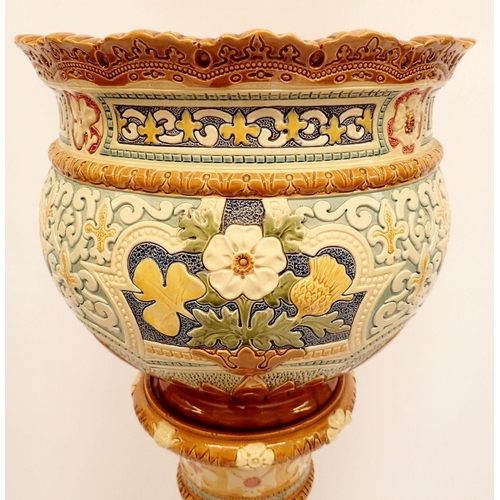 12 - A Burmantofts Faience Queen Victoria Coronation jardiniere on stand, No 1949 Col No 93, 128cm tall