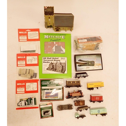 1208 - A collection of Hornby and other railway accessories, one Hornby engine 709 LSWR, three Hornby carri... 