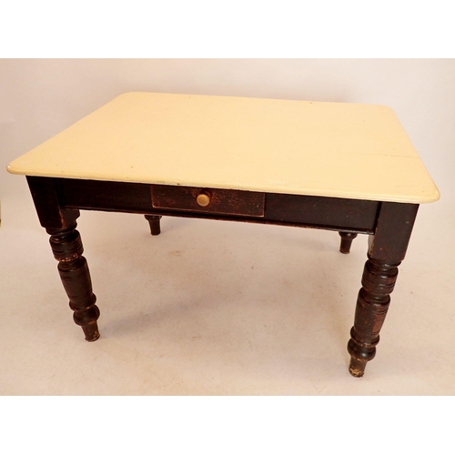 1244A - A Victorian painted pine kitchen table with drawer on turned supports, 120 x 90 x 73cm high