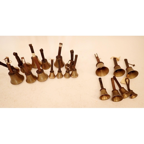 1245 - A set of twenty brass handbells with leather straps (seven missing ringers) eleven marked Mears