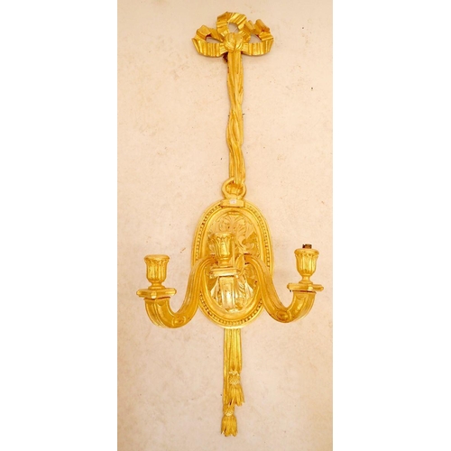 1257 - A pair of carved large gilt wood wall sconces with ribbons - damaged, 100cm