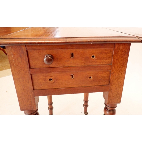 1261 - A Victorian mahogany dropleaf work table with two drawers and turned supports