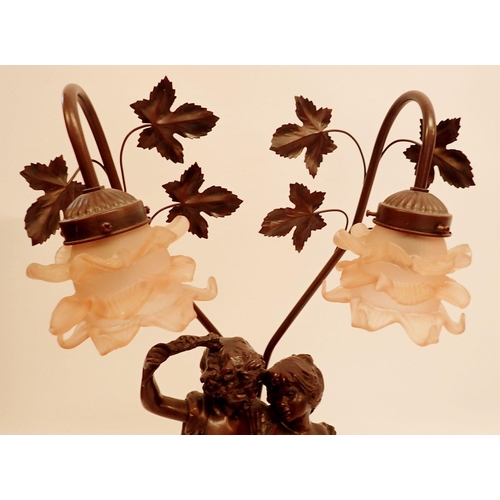 1277 - A reproduction bronze finish figurative table lamp with frilled glass twin shades, 74cm