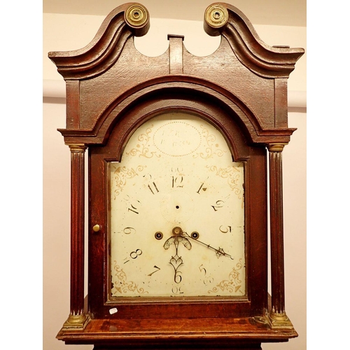 1282 - An early 19th century oak longcase clock with painted arch top dial, eight day striking movement