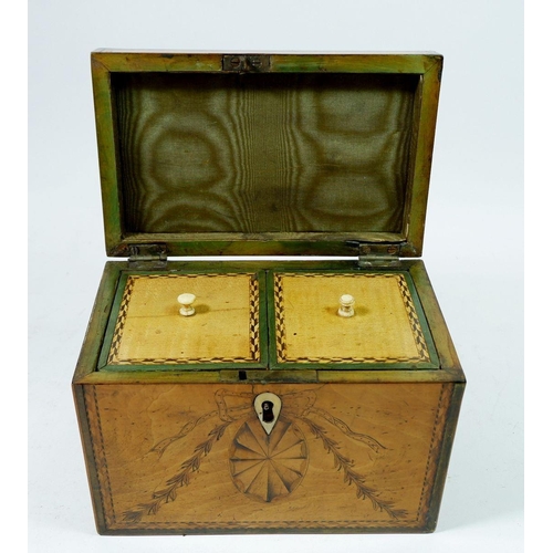 1297 - A George III satinwood rectangular tea caddy with marquetry paterae, harebell and ribbon decorations... 