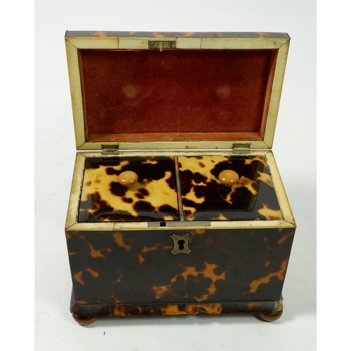 1299 - A 19th century small tortoiseshell tea caddy with two caddies within and ball feet, 13.5 x 8 x 12cm