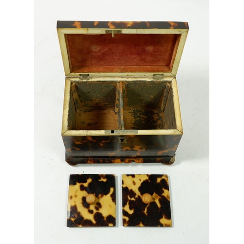 1299 - A 19th century small tortoiseshell tea caddy with two caddies within and ball feet, 13.5 x 8 x 12cm