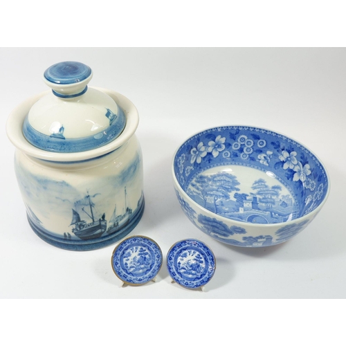 130 - A Copeland Spode Tower blue and white bowl, 21cm diameter together with an Oxney green ship design j... 