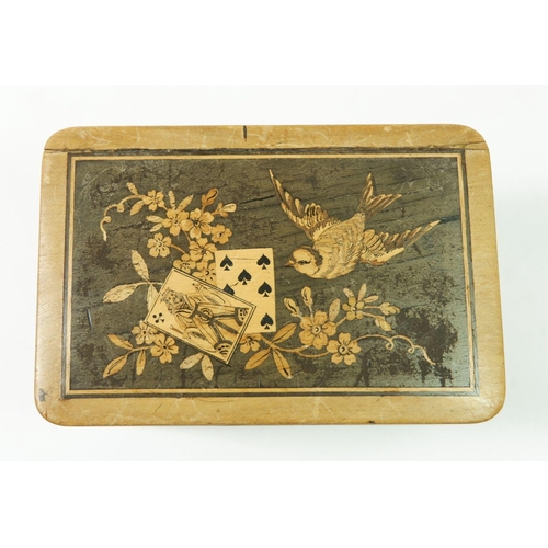 1300 - A 19th century playing cards box with marquetry bird decoration