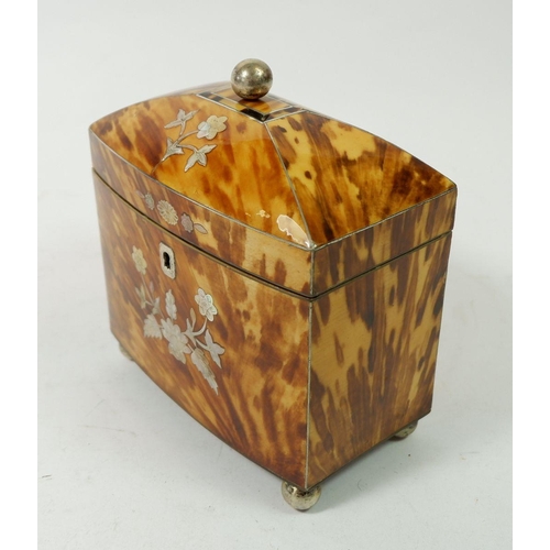 1301 - A fine 19th century tortoiseshell tea caddy with white metal and mother of pearl floral inlay, dome ... 