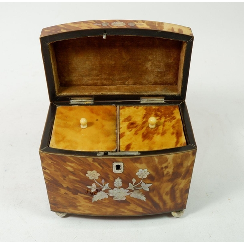 1301 - A fine 19th century tortoiseshell tea caddy with white metal and mother of pearl floral inlay, dome ... 