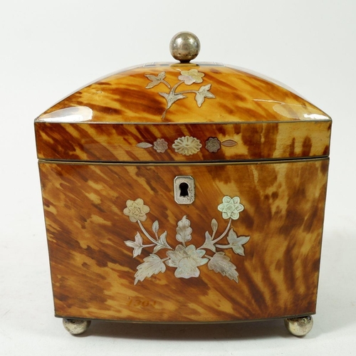 1301 - A fine 19th century tortoiseshell tea caddy with white metal and mother of pearl floral inlay, dome ... 