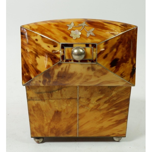 1301 - A fine 19th century tortoiseshell tea caddy with white metal and mother of pearl floral inlay, dome ... 