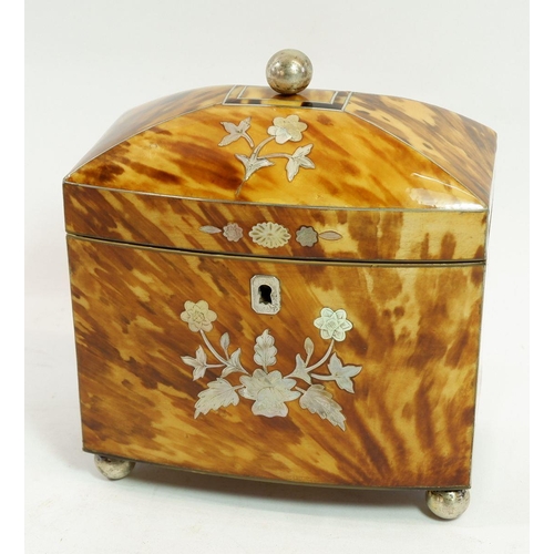 1301 - A fine 19th century tortoiseshell tea caddy with white metal and mother of pearl floral inlay, dome ... 