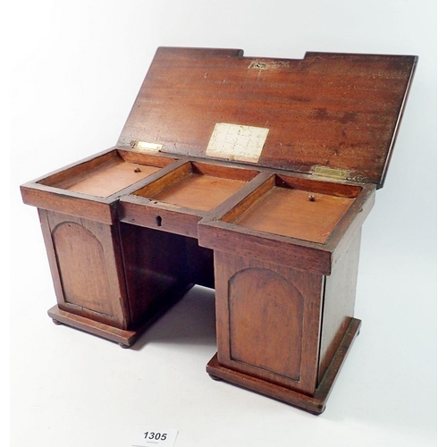 1305 - A 19th century mahogany apprentice piece or tea caddy in the form of a twin pedestal sideboard, each... 