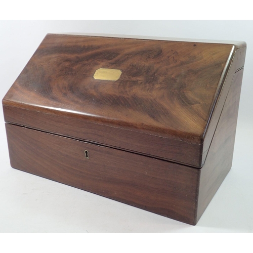 1310 - A Victorian mahogany slope front correspondence box with fitted interior, 42 x 24 x 27cm