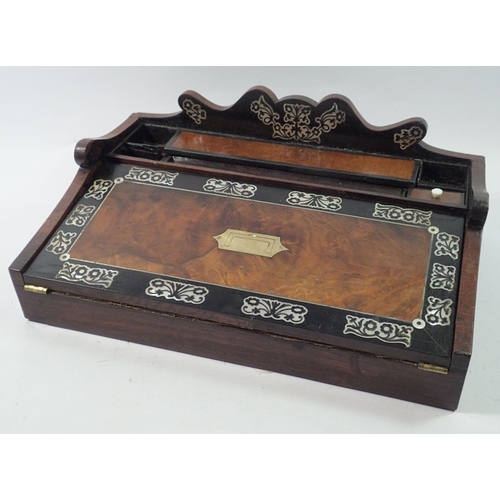 1311 - A Victorian walnut writing slope with ebony and mother of pearl decoration to slope front, 38 x 41cm