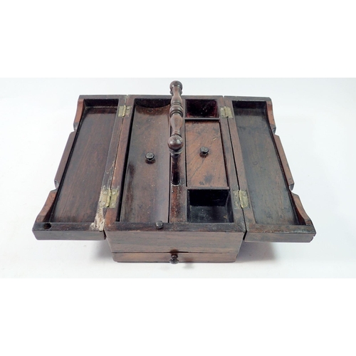 1313 - A Victorian rosewood scribes box with bifold top and turned bar handle, 25 x 15 x 15cm