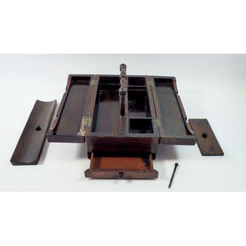 1313 - A Victorian rosewood scribes box with bifold top and turned bar handle, 25 x 15 x 15cm