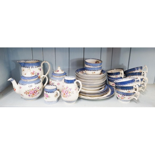 132 - A Booths Lowestoft Border teaset comprising: two teapots, ten cups, eleven saucers, three graduated ... 