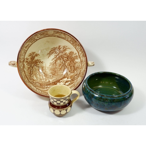 133 - A Midwinter Rural England fruit bowl, 24cm diameter, a blue pottery bowl and small brown mug