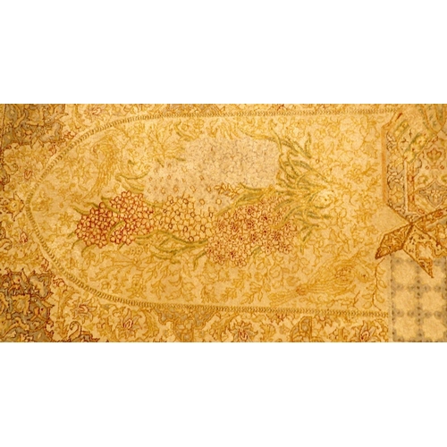 1334 - A small Persian silk prayer rug in cream and gold colours decorated birds and flowers 95 x 63cm