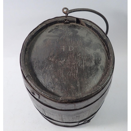 1358 - An early 19th century iron bound barrel or costrel with handle, 26cm wide