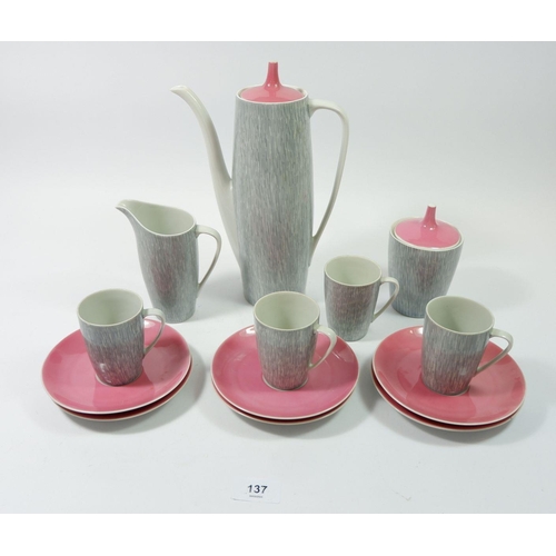 137 - A Polish retro 1960's pink & grey coffee set comprising four cups and six saucers, milk and sugar