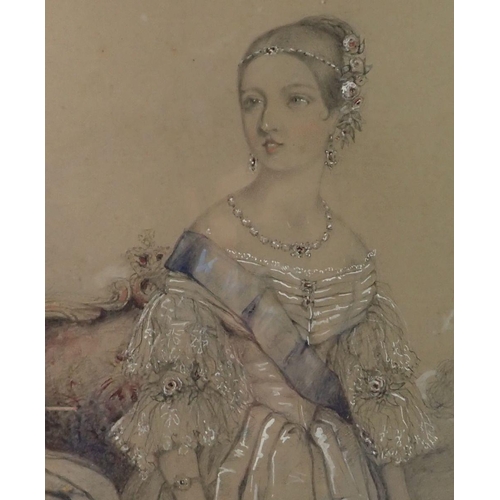 1370 - A 19th century charcoal and watercolour sketch of the Young Queen Victoria, 39 x 42cm